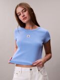 Albastru Tricou Slim Din Bumbac Reiat Cu Emblema  Femei