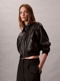 Black Cropped Faux Leather Bomber Jacket  Women