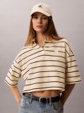Bej Tricou Polo Scurt Cu Dungi Si Croiala Boxy  Femei