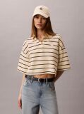 Bej Tricou Polo Scurt Cu Dungi Si Croiala Boxy  Femei