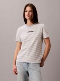 Gri Tricou Cu Guler Rotund In Dungi Si Logo  Femei