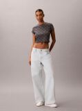 Albastru Tricou Cropped Cu Imprimeu Emblema  Femei