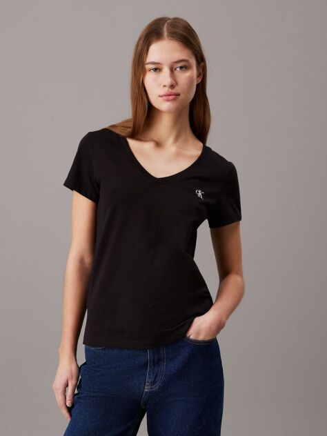 Negru Tricou Slim Cu Decolteu V Din Bumbac Organic  Femei