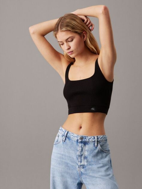 Negru Top Bralette Din Bumbac Cu Textura Rib  Femei