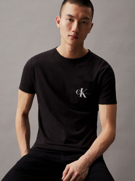 Negru Tricou Slim Cu Buzunar Si Logo Monograma  Barbati