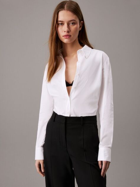 Alb Camasa Slim Din Material Elastic  Femei