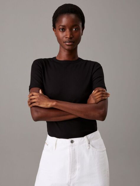 Negru Tricou Slim Din Modal Cu Textura Rib  Femei