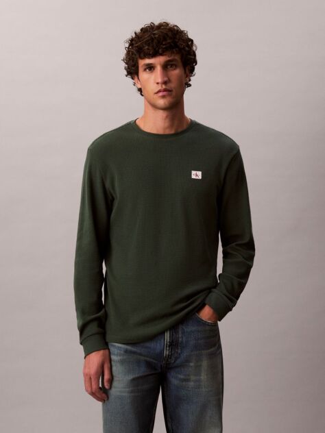 Verde Bluza Cu Maneca Lunga Si Textura Waffle  Barbati