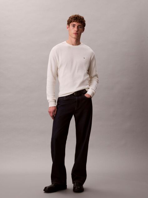 White Long Sleeve Waffle T-shirt  Men