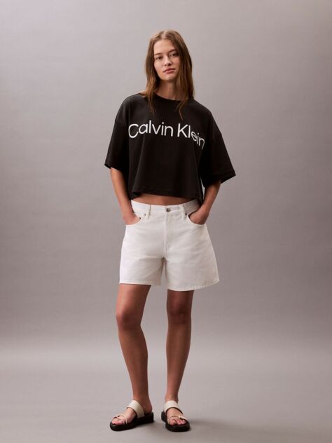 Negru Tricou Boxy Cropped Cu Logo Grafic  Femei