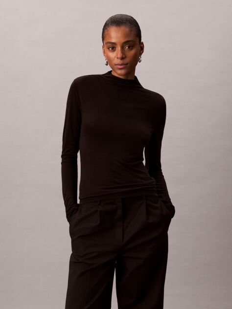 Negru Top Slim Cu Guler Mock  Femei