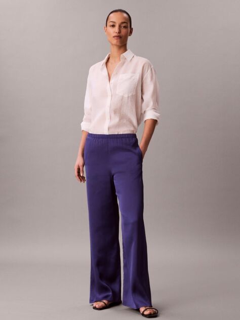 Albastru Pantaloni Din Satin Cu Textura Hammered  Femei