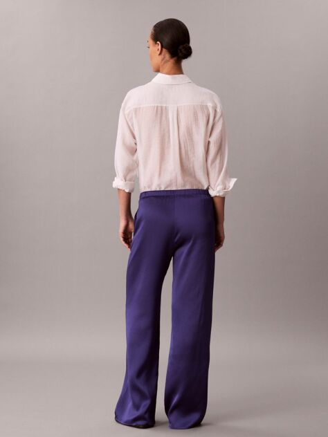 Albastru Pantaloni Din Satin Cu Textura Hammered  Femei