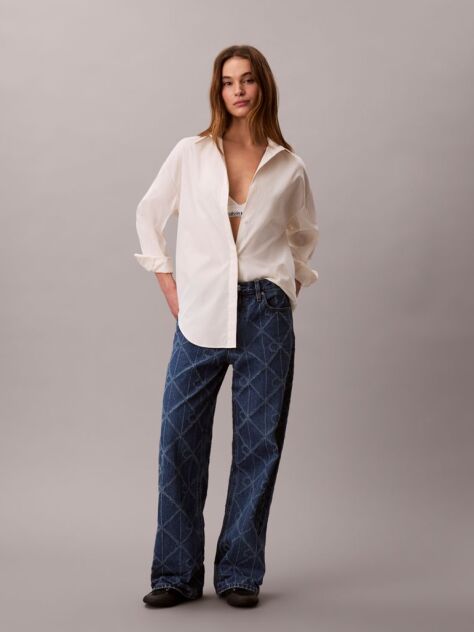 Denim Blugi Baggy Cu Talie Joasa  Si Monogram Pe Toata Suprafata  Femei