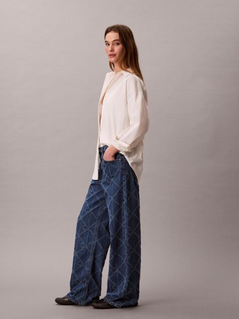 Denim Blugi Baggy Cu Talie Joasa  Si Monogram Pe Toata Suprafata  Femei