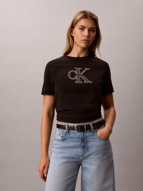 Negru Tricou Cu Monograma Aplicata  Femei