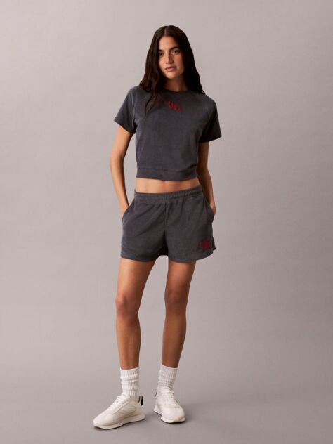 Gri Top Cropped Din Material Towel Terry Cu Maneca Scurta  Femei