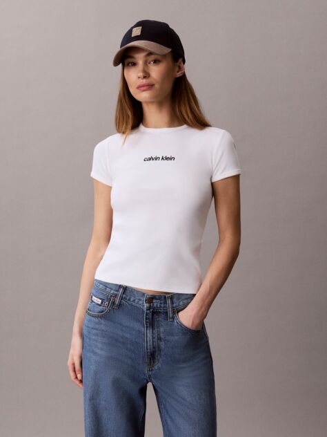 Alb Tricou Din Bumbac Reiat Cu Logo Brodat  Femei