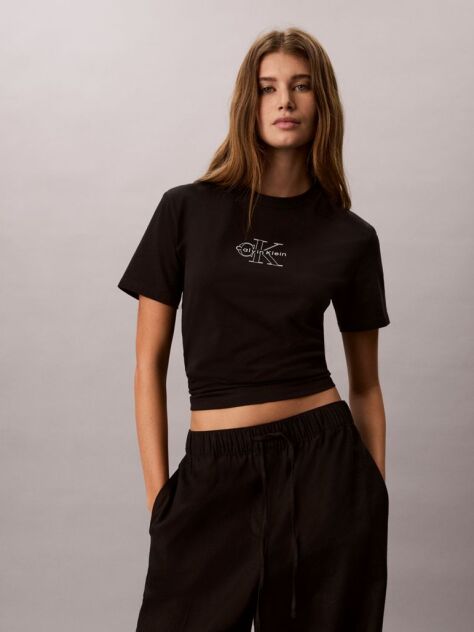 Negru Tricou Cu Guler Rotund Cu Logo Monogram  Femei