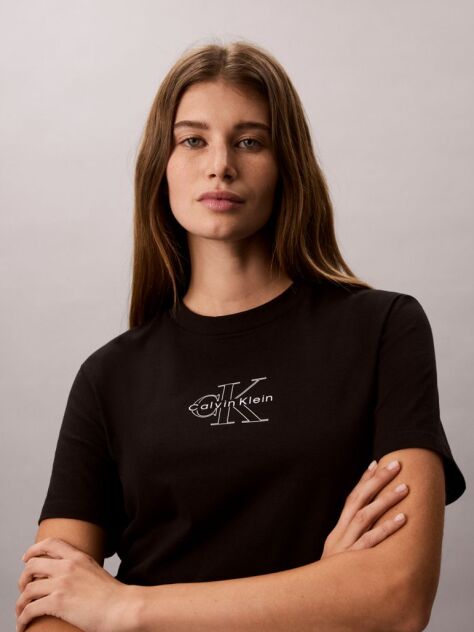 Negru Tricou Cu Guler Rotund Cu Logo Monogram  Femei