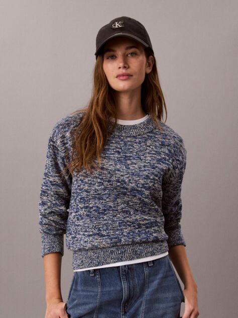 Albastru Pulover Oversize Din Tricot Gros Mouliné Cu Eticheta Cu Monograma  Femei