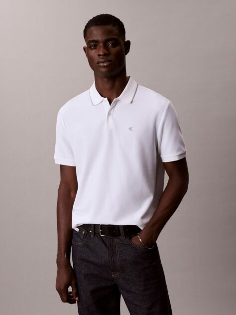 Alb Tricou Polo Din Piqué Cu Borduri Contrastante  Barbati