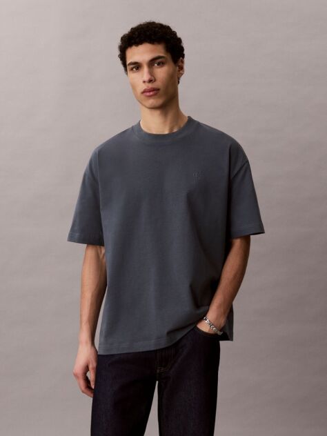 Albastru Tricou Oversized Cu Logo Embosat  Barbati