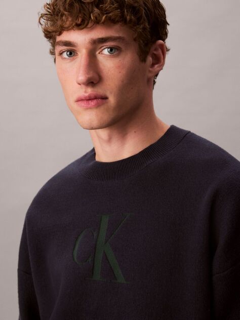 Blue Cotton Blend Monogram Logo Relaxed Sweater  Men