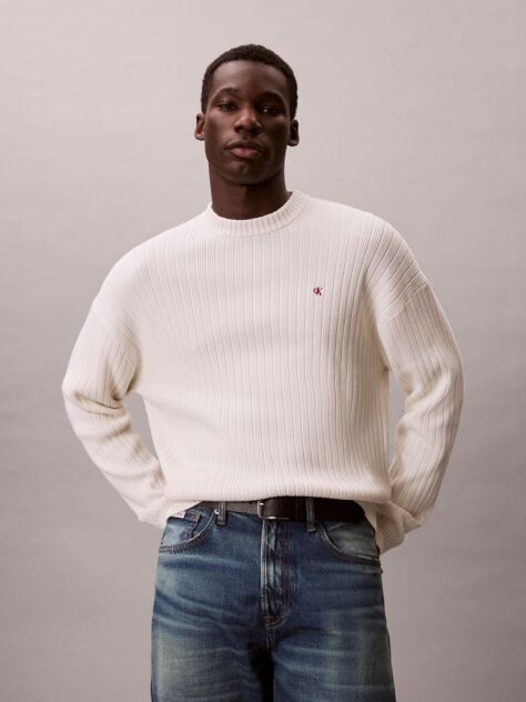 White Ribbed Cotton Monogram Jumper  Men