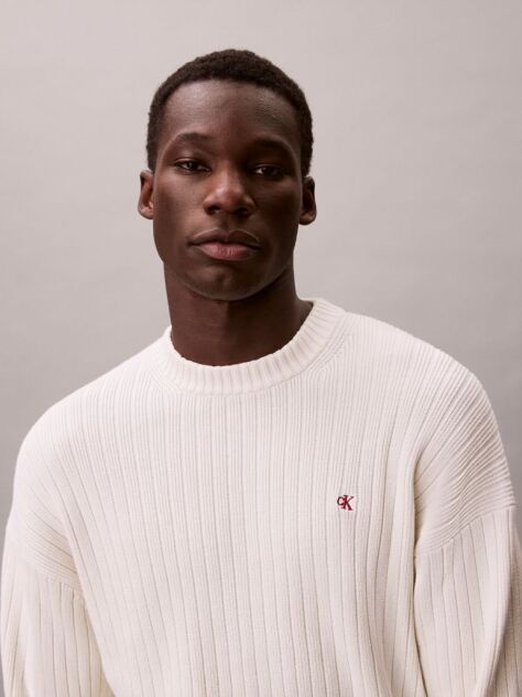 White Ribbed Cotton Monogram Jumper  Men