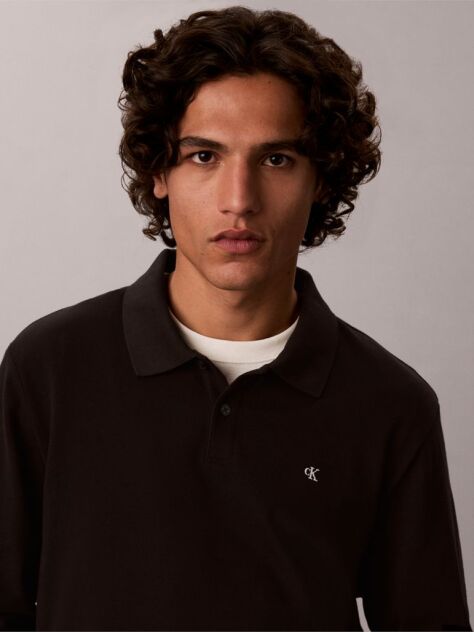 Negru Tricou Polo Cu Maneca Lunga Si Monograma  Barbati