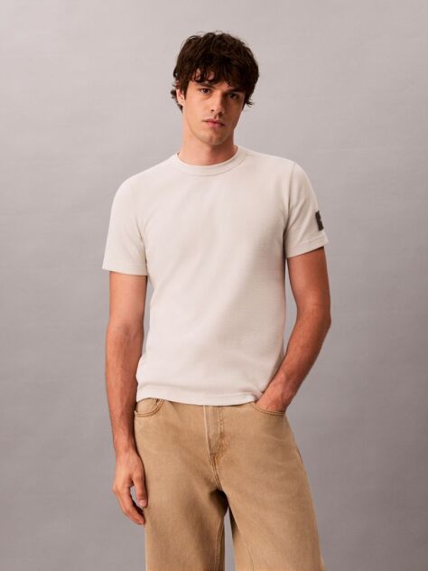 Bej Tricou Clasic Din Tricot Waffle Cu Eticheta Monologo  Barbati