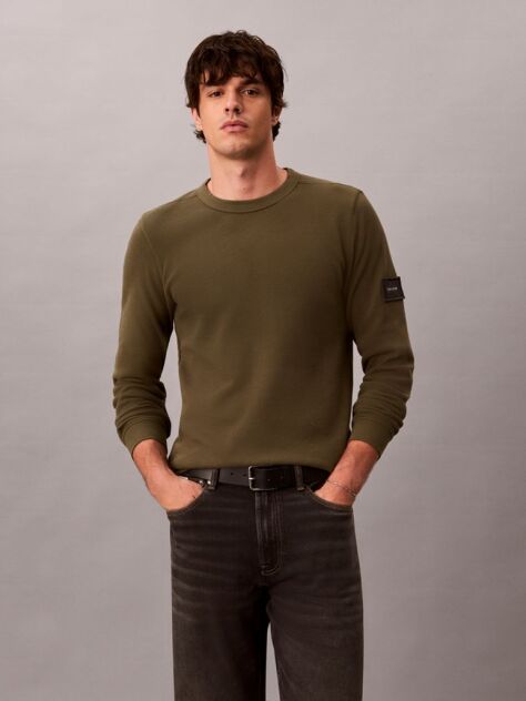 Verde Tricou Cu Maneca Lunga Din Tricot Waffle Cu Monologo  Barbati