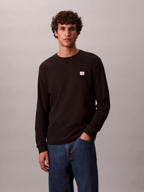 Black Long Sleeve Waffle T-shirt  Men