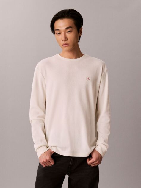 White Long Sleeve Waffle T-shirt  Men