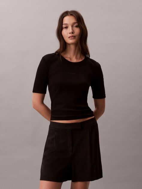 Negru Tricou Ribat Cu Maneci Scurte  Femei
