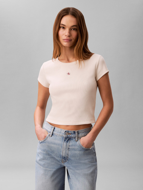 Alb Tricou Slim Din Bumbac Reiat Cu Emblema  Femei