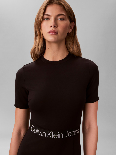 Negru Rochie Mini Cu Maneca Scurta Si Banda Logo In Talie  Femei
