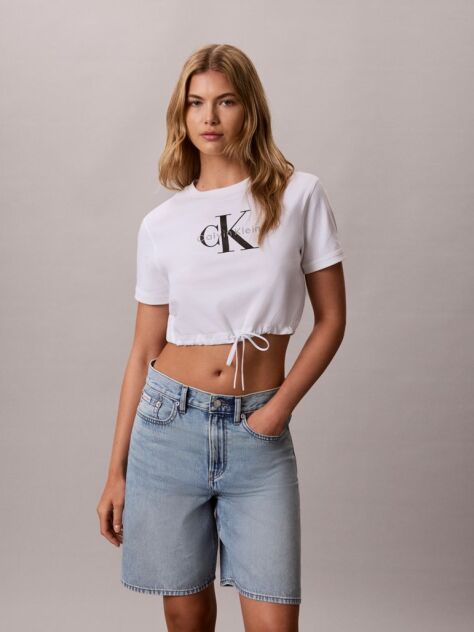 Alb Tricou Crop Cu Tiv Reglabil Cu Snur  Femei