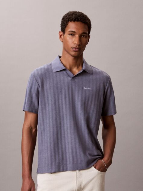 Albastru Tricou Polo Cu Dungi Texturate  Barbati