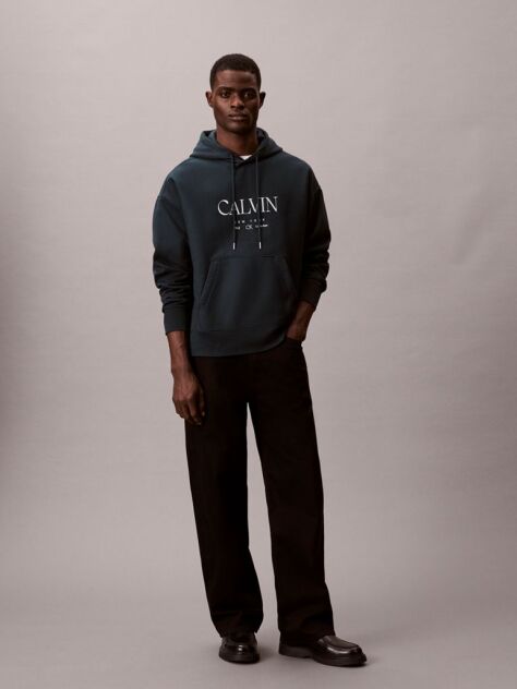 Albastru Hanorac Grafic Calvin Din Premium Fleece  Barbati