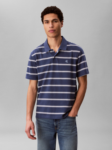 Albastru Tricou Polo Cu Maneca Scurta Din Jersey Cu Dungi  Barbati