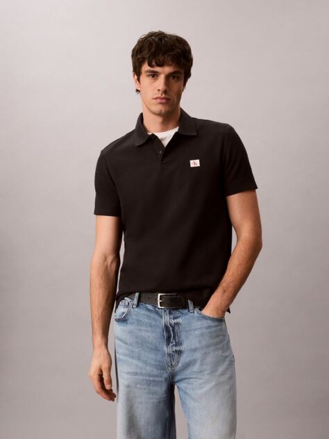 Negru Tricou Polo Cu Croiala Clasica Din Tricot Micro Waffle  Barbati