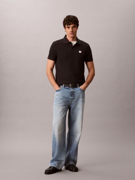 Negru Tricou Polo Cu Croiala Clasica Din Tricot Micro Waffle  Barbati