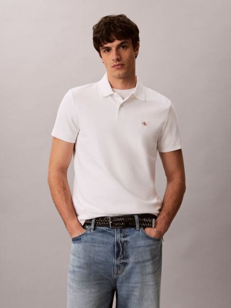 Alb Tricou Polo Cu Croiala Clasica Din Tricot Micro Waffle  Barbati