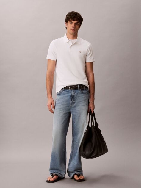 Alb Tricou Polo Cu Croiala Clasica Din Tricot Micro Waffle  Barbati