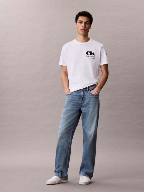 Alb Tricou Cu Guler Rotund Si Logo Grafic  Barbati