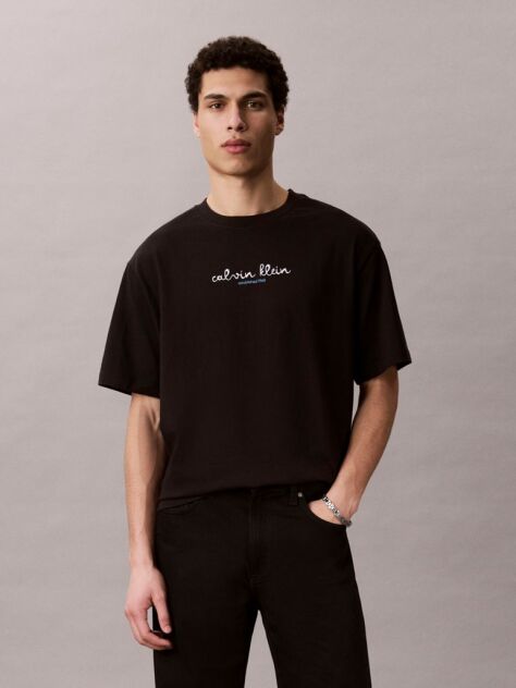 Negru Tricou Cu Guler Rotund Si Logo Grafic  Barbati