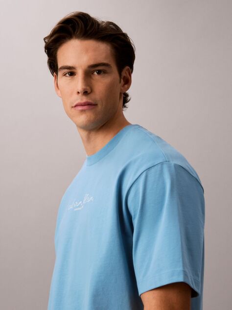 Albastru Tricou Cu Guler Rotund Si Logo Grafic  Barbati