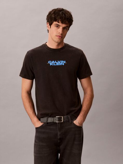Negru Tricou Cu Guler Rotund Cu Aspect Prespalat Si Logo Grafic  Barbati